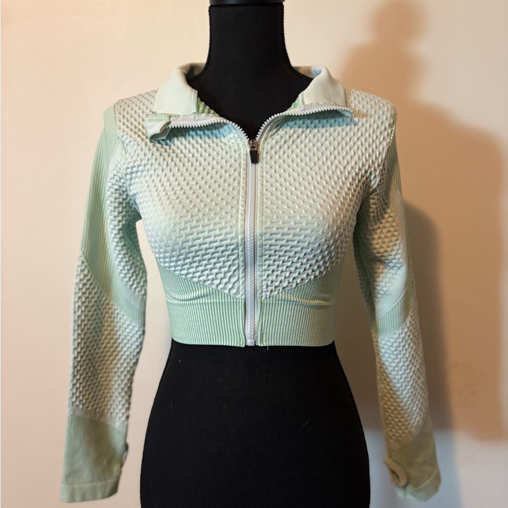 Mint Green Textured Zip-Up Cropped Jacket